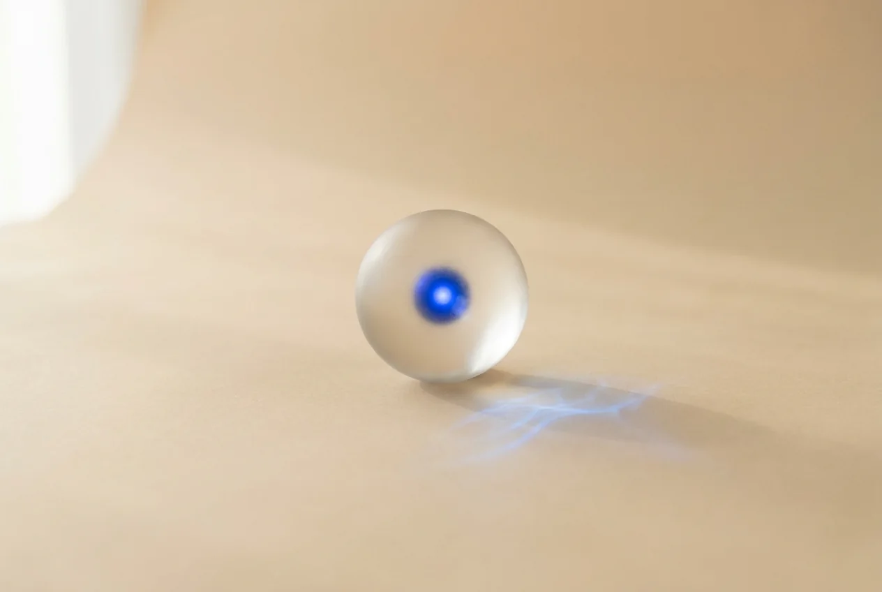 A glass sphere with a blue dot inside — the OpenLearn mark — on a sand background