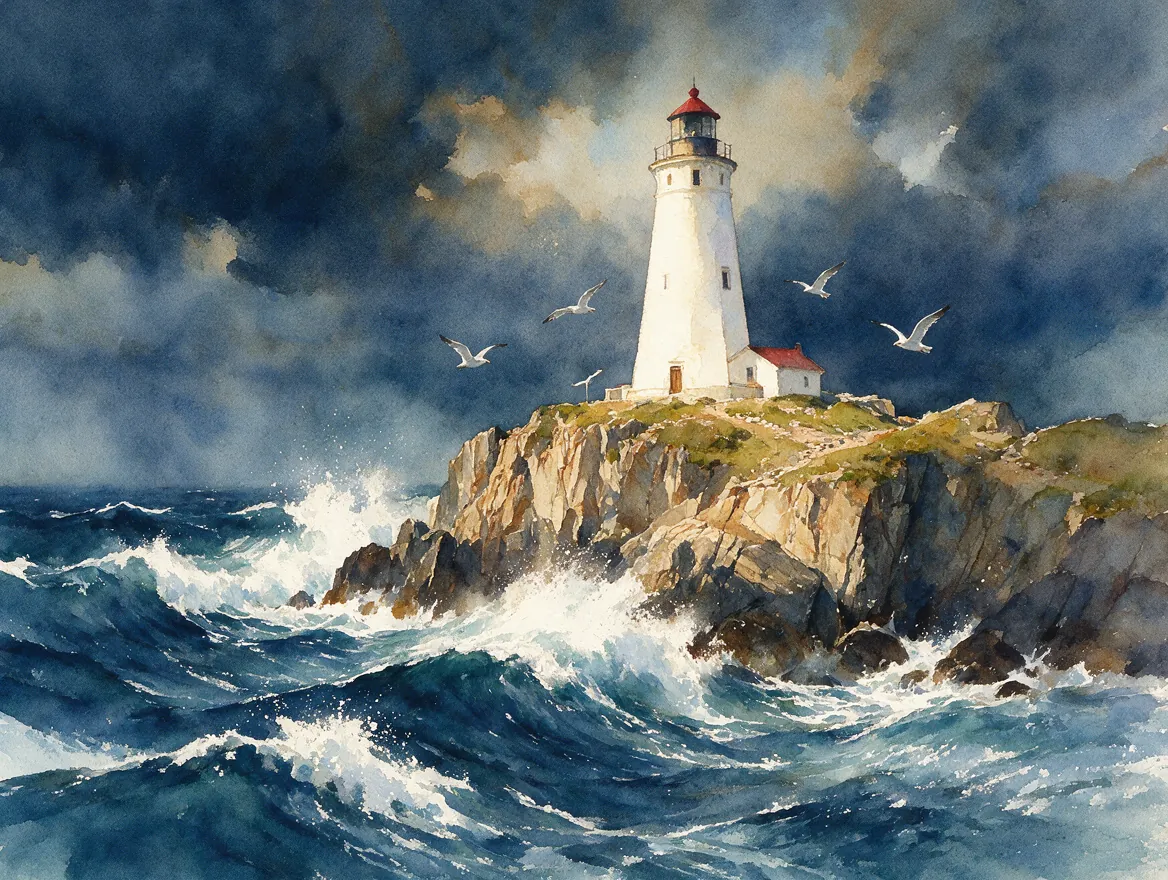 Lighthouse on the cliffs, watercolor